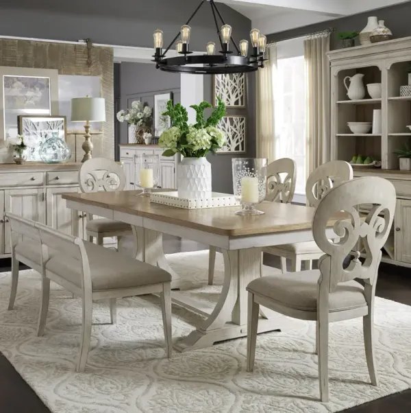 Liberty Furniture 6-Piece Antique White Chestnut Trestle Dining Table Set with Splat Back Side Chairs Farmhouse Reimagined