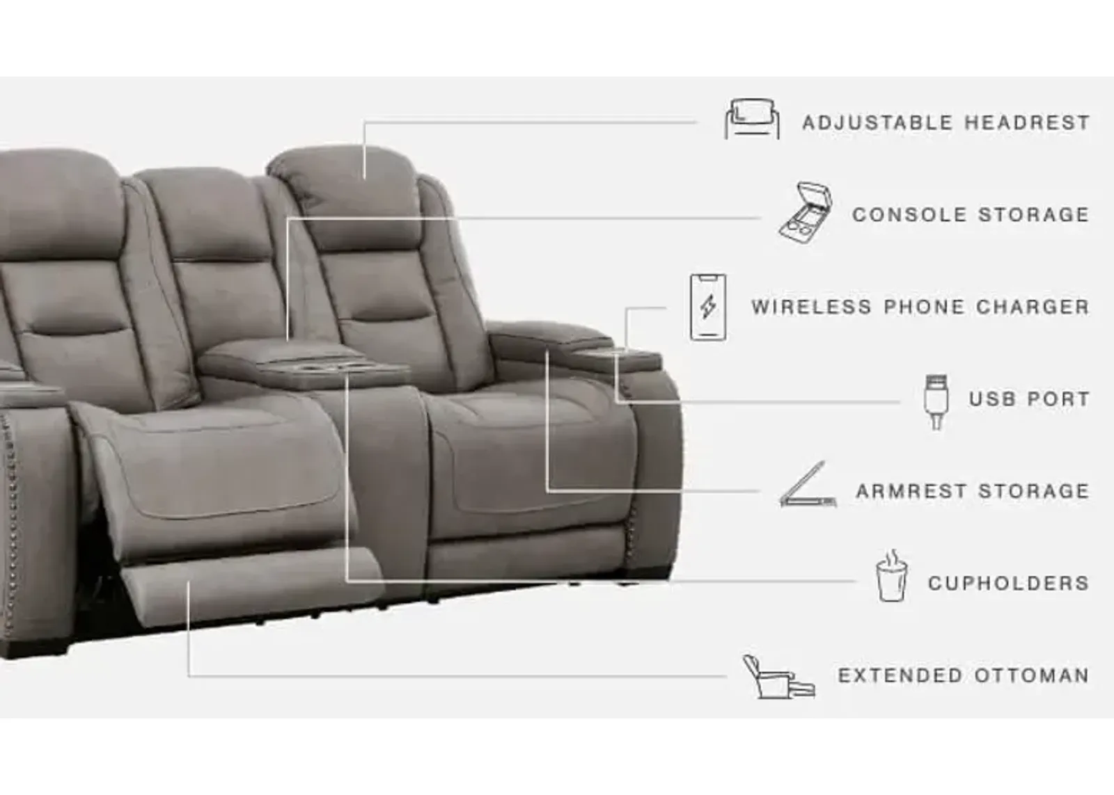 Ashley The Man-Den Gray Power Reclining Loveseat with Adjustable Headrest