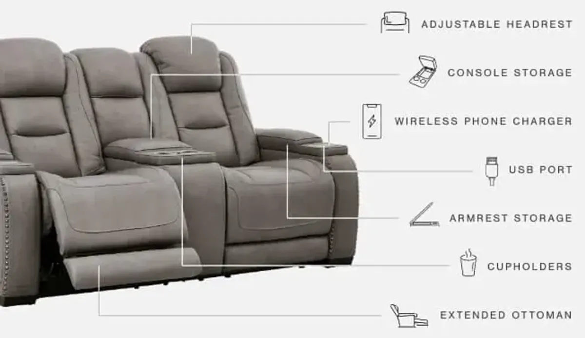 Ashley The Man-Den Gray Power Reclining Loveseat with Adjustable Headrest