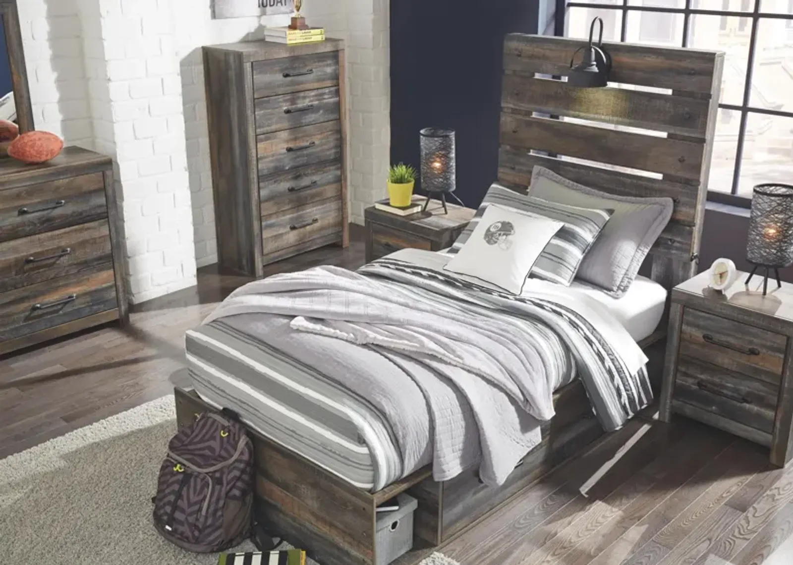 Ashley Drystan Brown Twin Panel Bed with 4 Storage Drawers