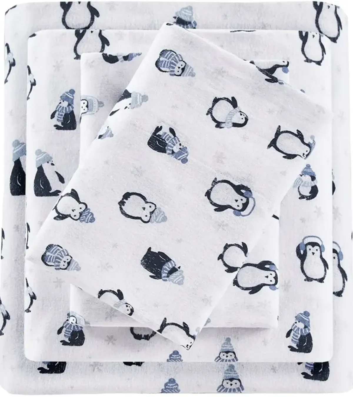 Olliix Intelligent Design Queen Blue Penguins Cozy Soft Cotton Novelty Print Flannel Sheet Set