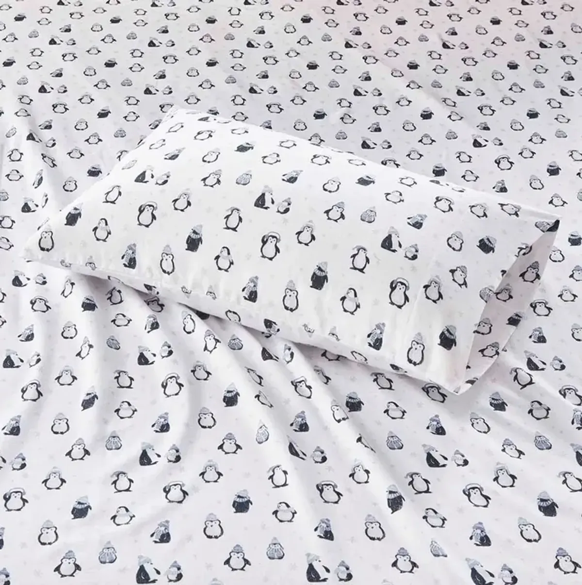 Olliix Intelligent Design Queen Blue Penguins Cozy Soft Cotton Novelty Print Flannel Sheet Set