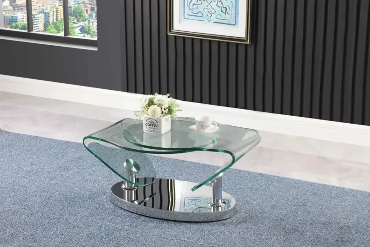 Chintaly Contemporary Motion Glass Top Cocktail Table with Steel Base