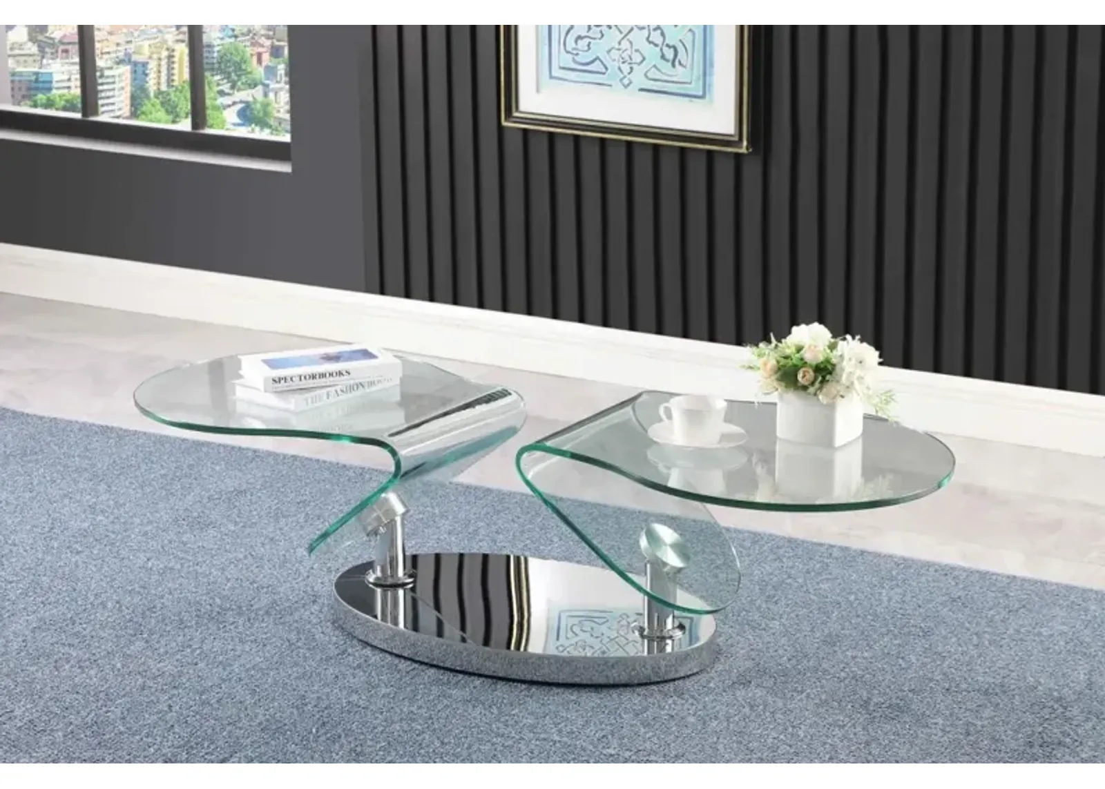 Chintaly Contemporary Motion Glass Top Cocktail Table with Steel Base