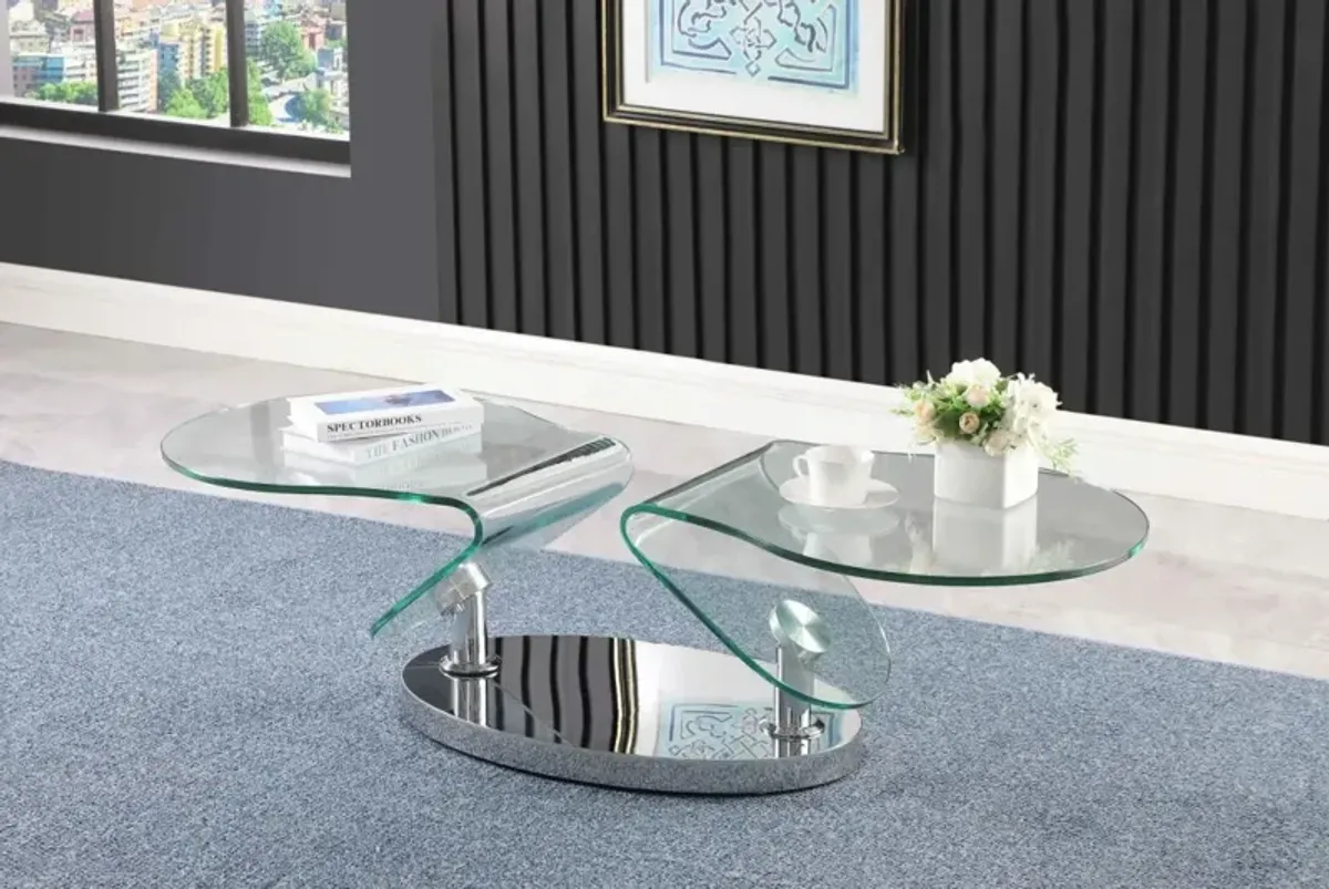 Chintaly Contemporary Motion Glass Top Cocktail Table with Steel Base