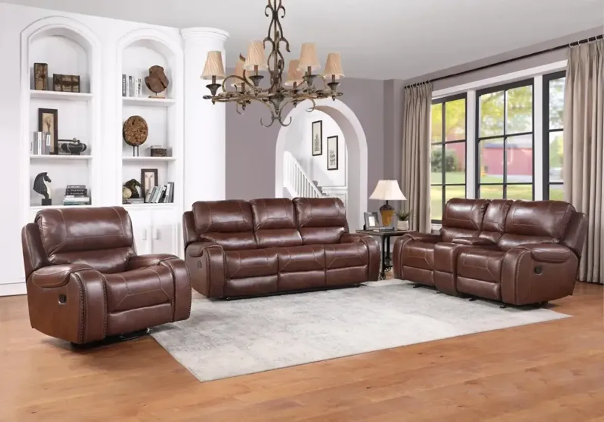 Steve Silver Keily Brown Reclining Sofa Loveseat & Chair Set With Antiqued Brass Nailhead Trim