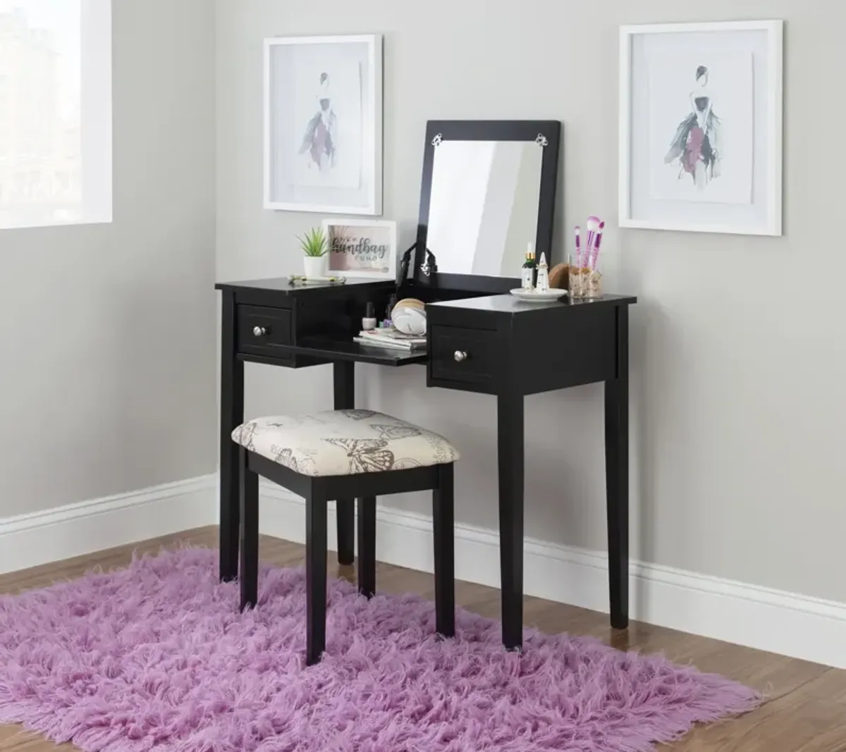 Linon Black Butterfly Vanity & Stool