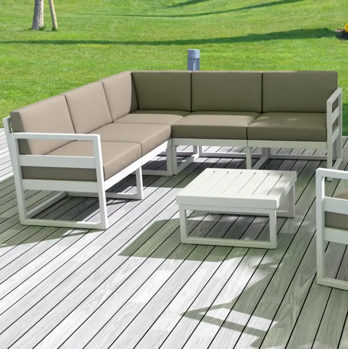 Compamia Mykonos Corner Sectional 5-Person White Sunbrella Taupe Cushion Outdoor Lounge Set