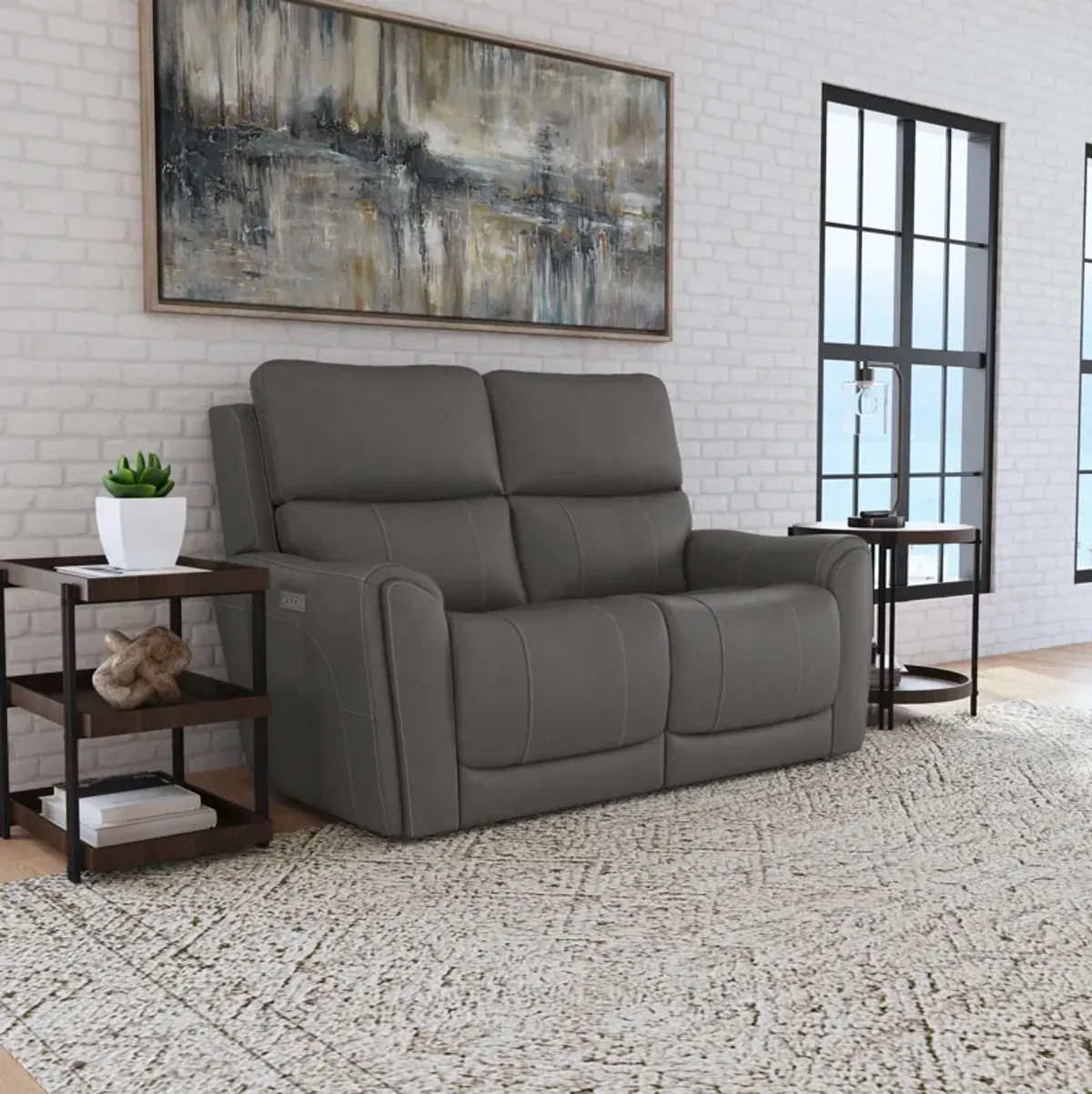 Flexsteel Carter Power Reclining Loveseat with Power Headrests & Lumbar in Dove Fabric