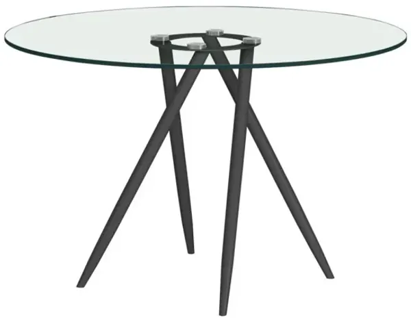 Chintaly Beatriz Black Round Glass Top Dining Table with Crisscross Four-Legged Steel Base