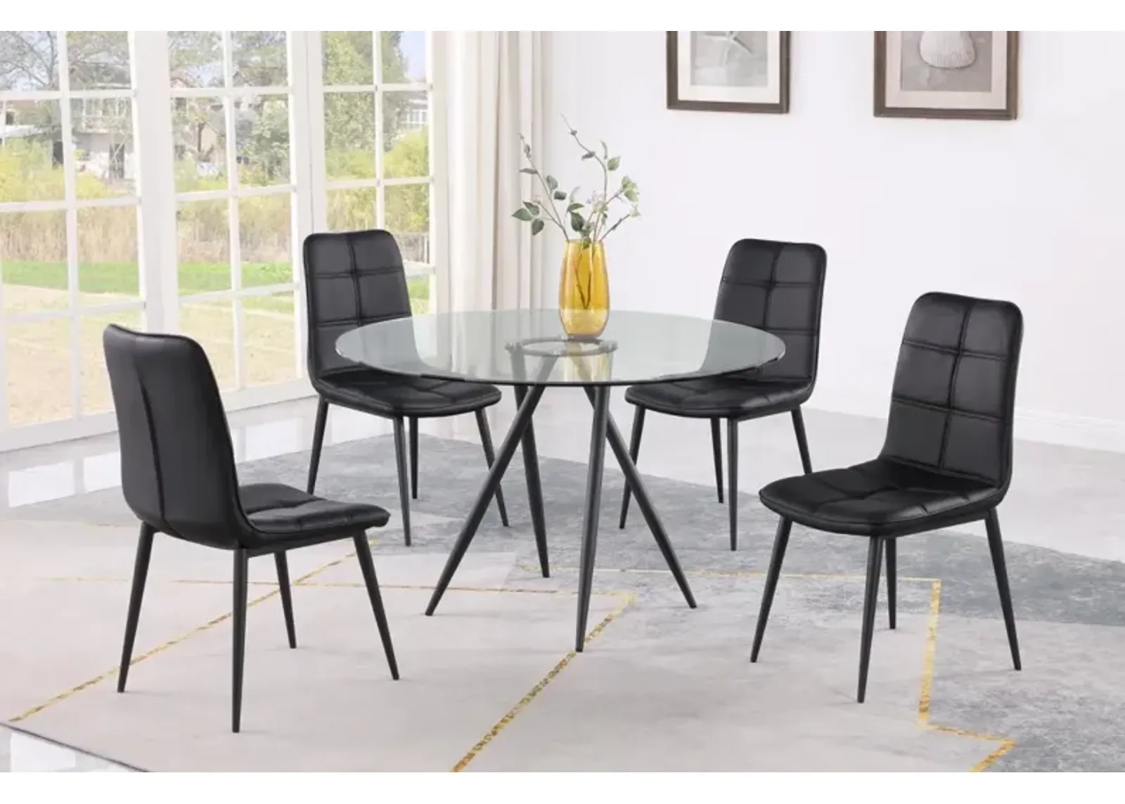 Chintaly Beatriz Black Round Glass Top Dining Table with Crisscross Four-Legged Steel Base