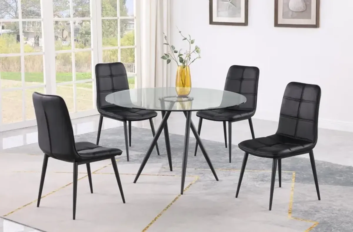 Chintaly Beatriz Black Round Glass Top Dining Table with Crisscross Four-Legged Steel Base