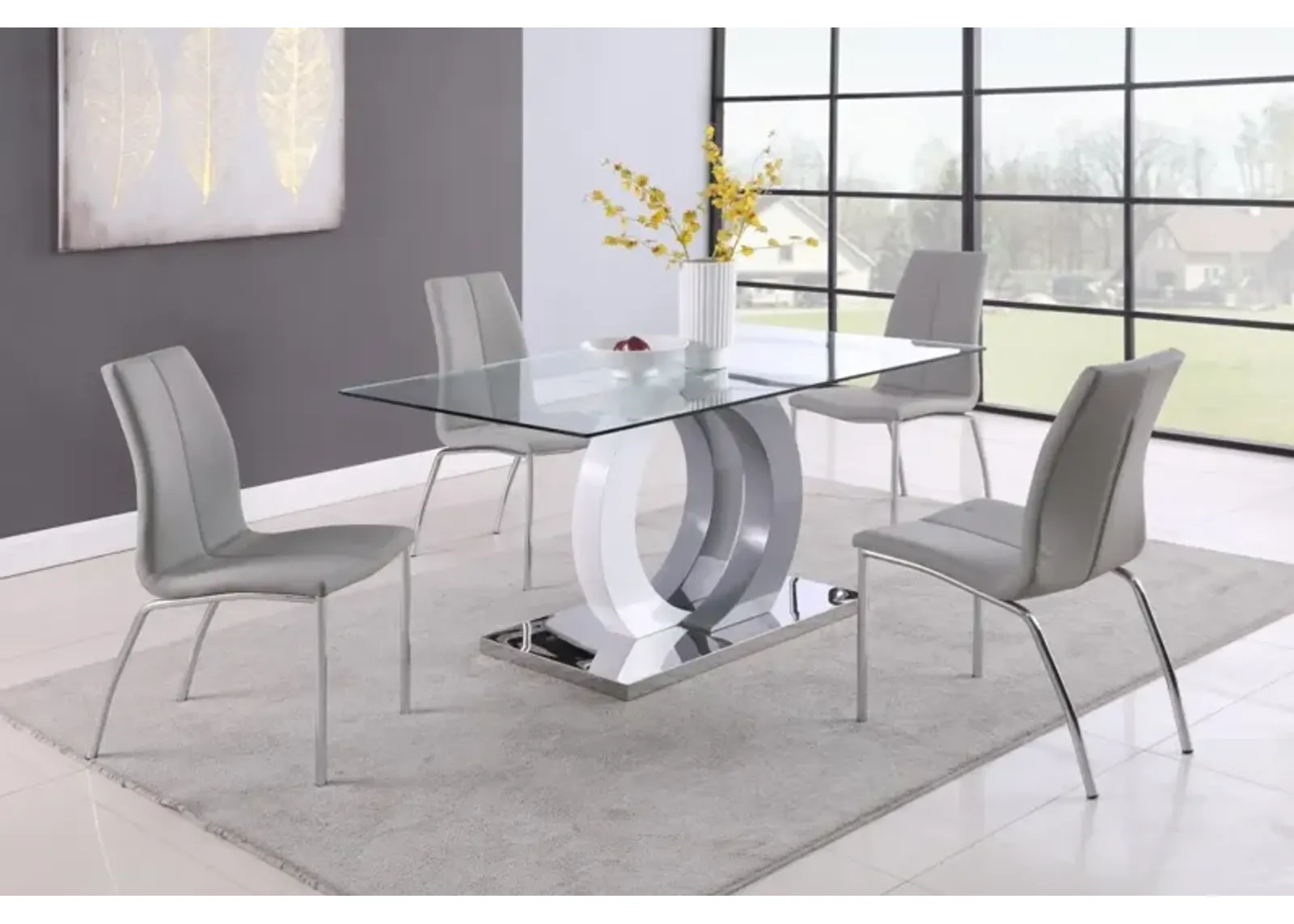 BECKY CONTEMPORARY DINING SET WITH GLASS TABLE, WOOD & STEEL PEDESTAL & 4 CHAIRS