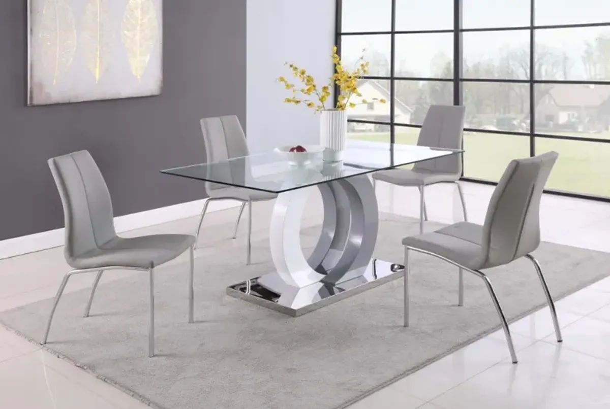 BECKY CONTEMPORARY DINING SET WITH GLASS TABLE, WOOD & STEEL PEDESTAL & 4 CHAIRS