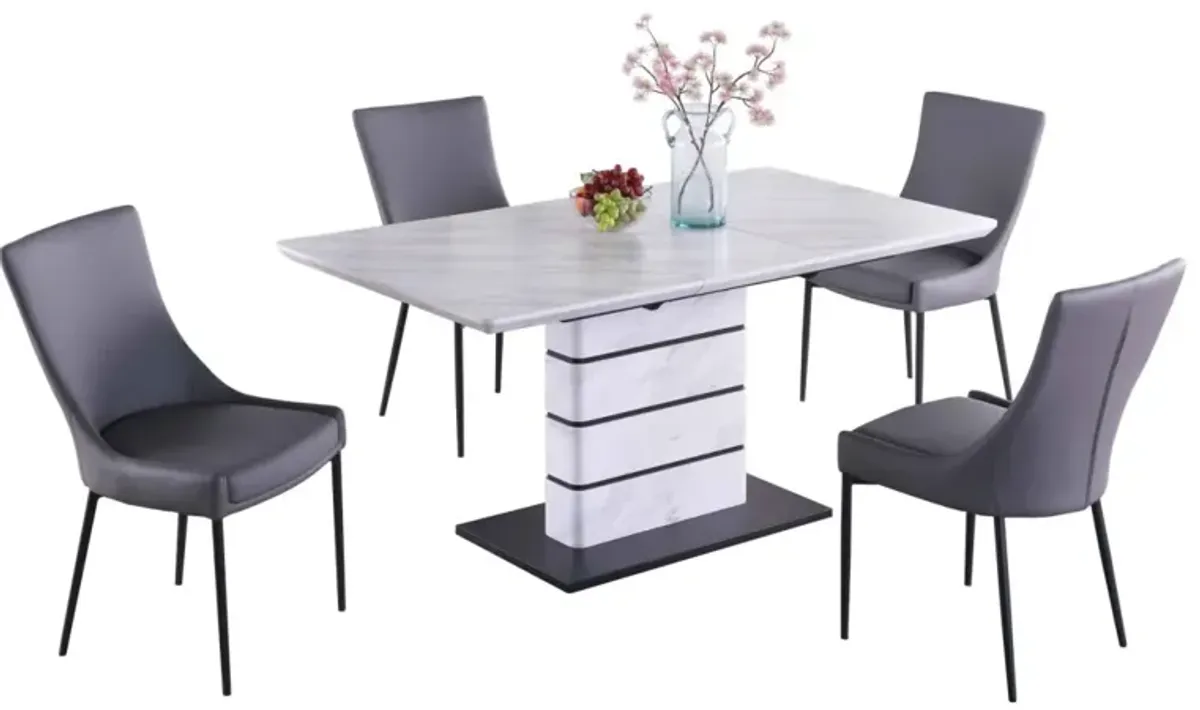 Chintaly Kelly Contemporary Dining Set with Extendable Marbleized Table Art Deco Strip Base & 4 Club Style Chairs