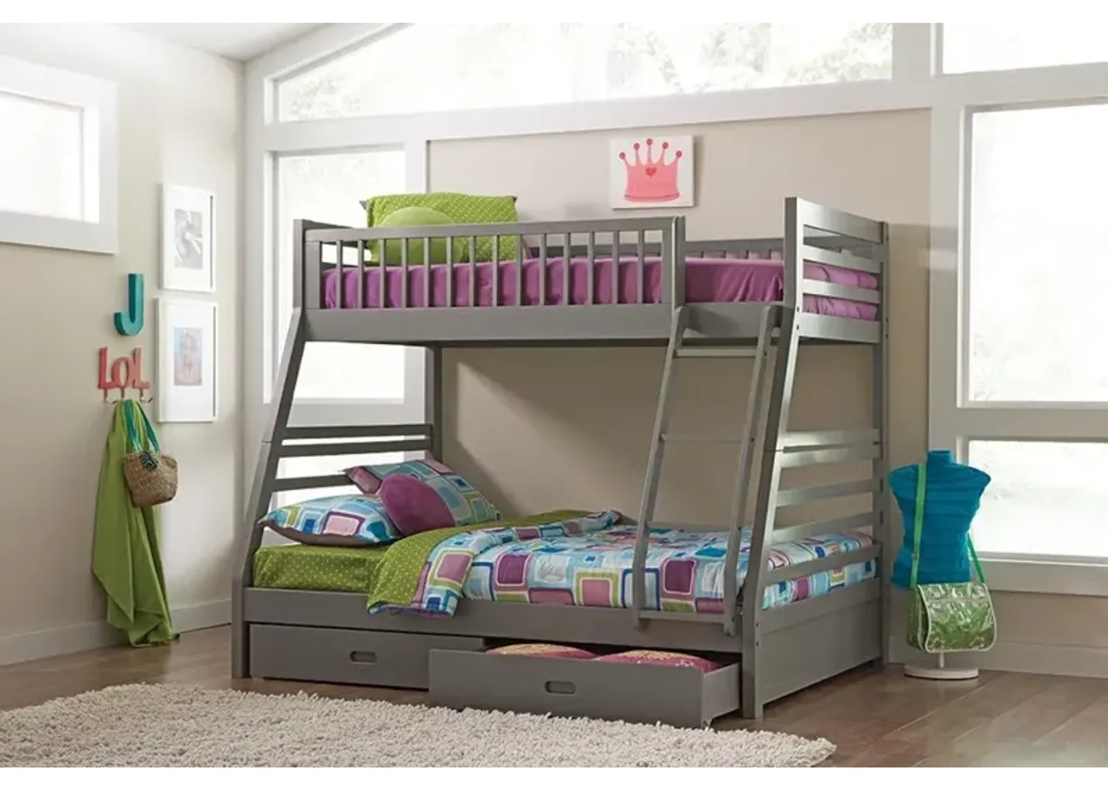 Ashton 2-Drawer Wood Twin Over Full Bunk Bed Grey