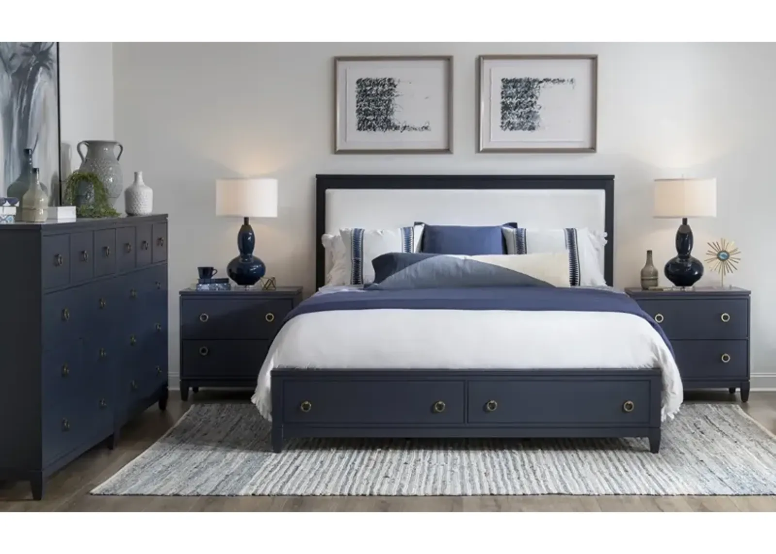 Legacy Classic Complete Upholstered Bed with Storage King Blue Finish Summerland Inkwell