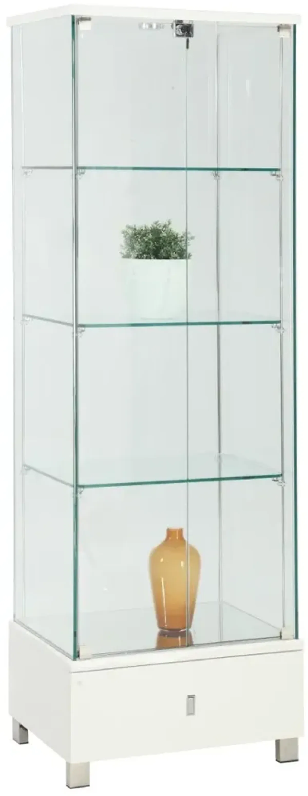 Chintaly White Contemporary Glass Curio with Shelves Drawer & Led Lights