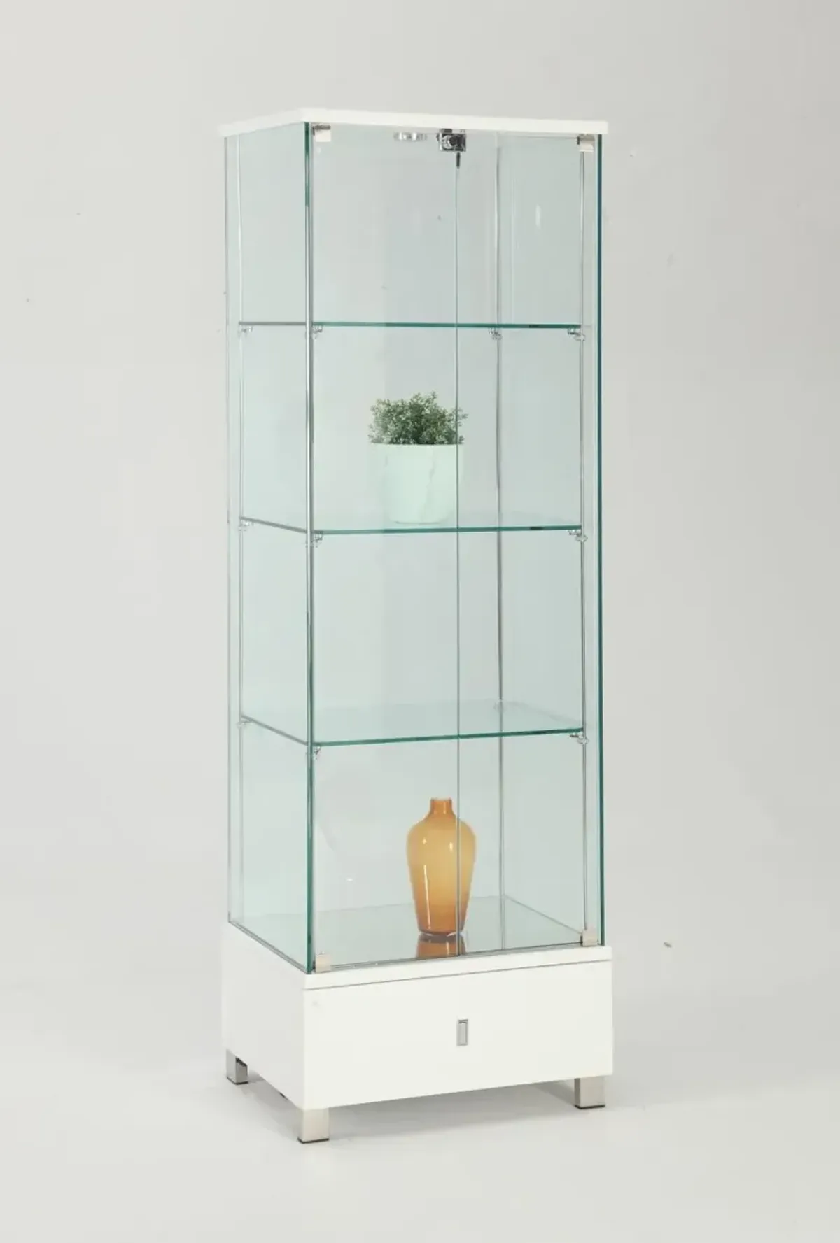 Chintaly White Contemporary Glass Curio with Shelves Drawer & Led Lights