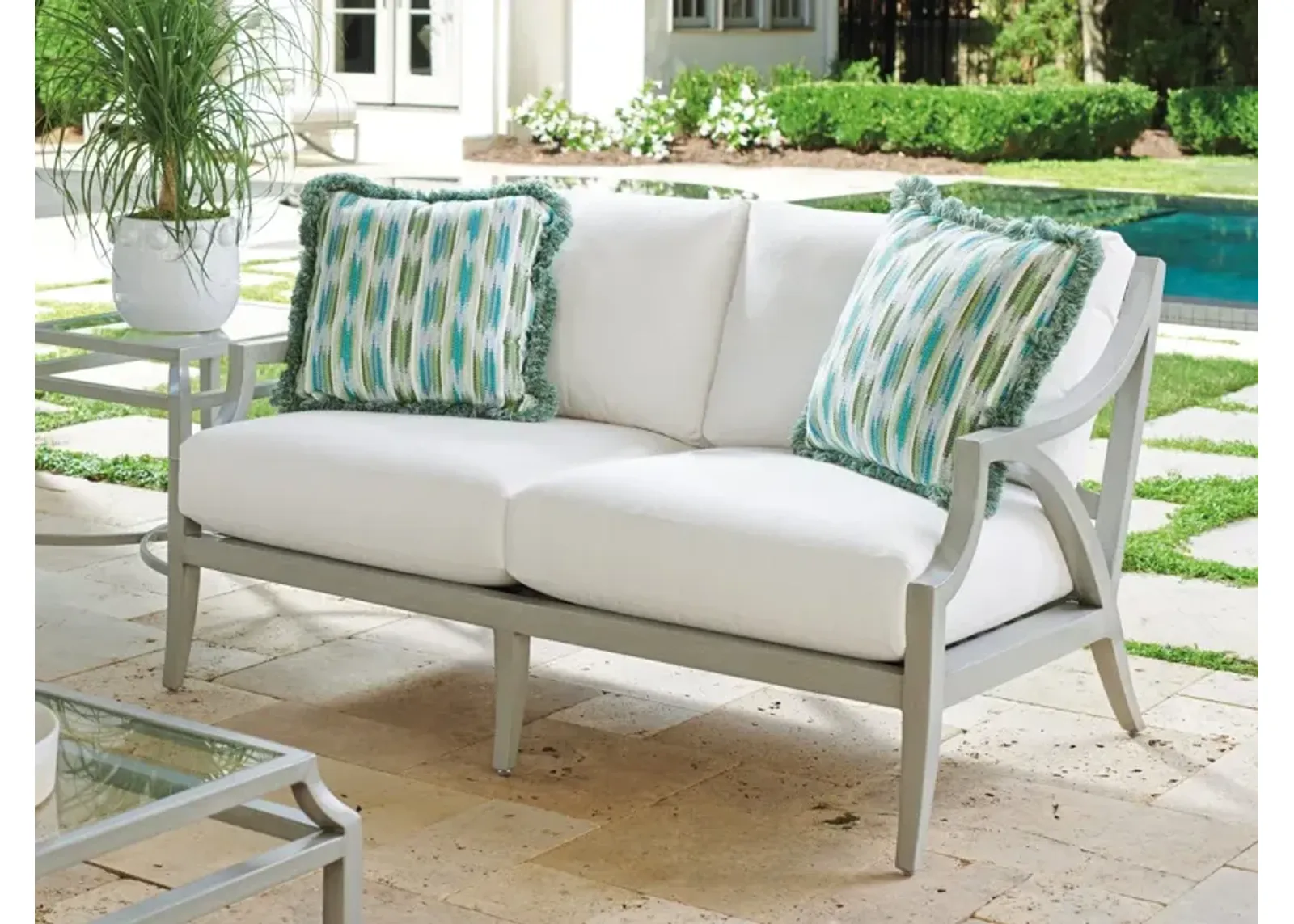 Tommy Bahama Outdoor by Lexington Silver Sands Soft Gray & Blue Loveseat