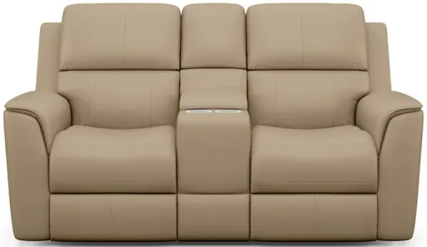 HENRY LEATHER TRIPLE PWR RECL CONSOLE LOVESEAT IN BEIGE 946-80