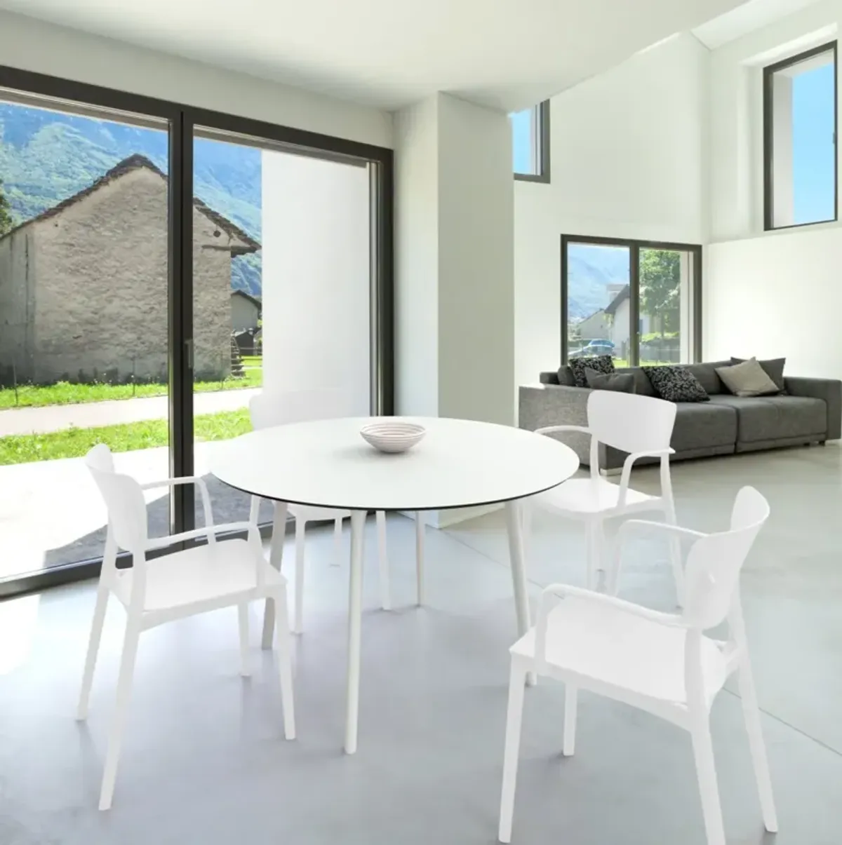 Compamia 47 Inch Lisa Round Outdoor Dining Set with White Table & White Armchairs