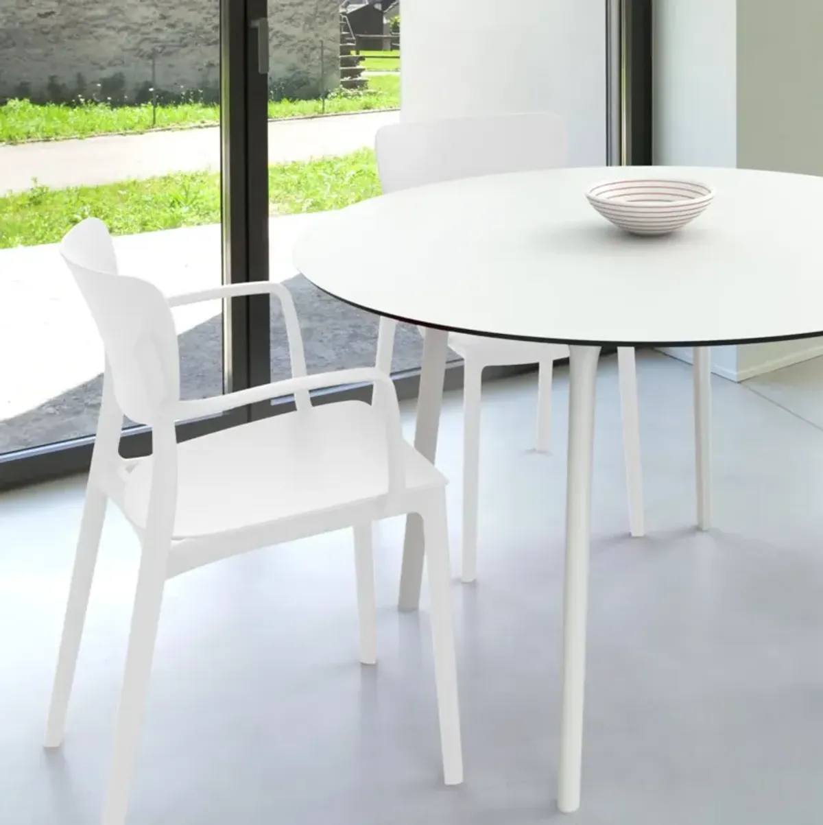 Compamia 47 Inch Lisa Round Outdoor Dining Set with White Table & White Armchairs