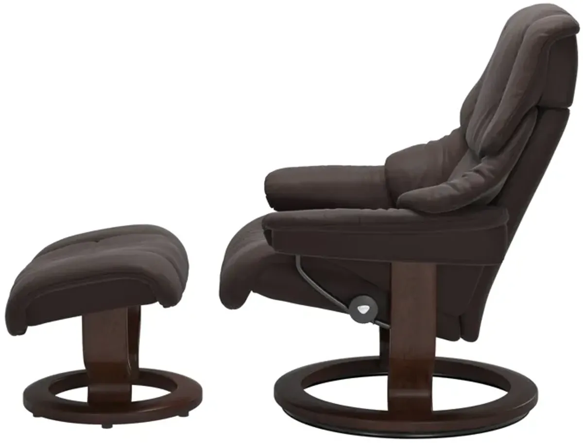 Stressless Reno Medium Chair & Ottoman in Paloma Chocolate with Classic Base & Brown Finish