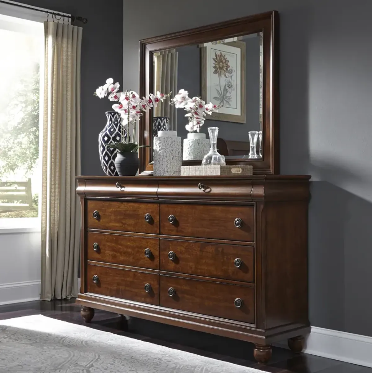 Liberty Furniture Complete Queen Bedroom Set Sleigh Bed, Dresser, Mirror, Chest & Nightstand Rustic Traditions