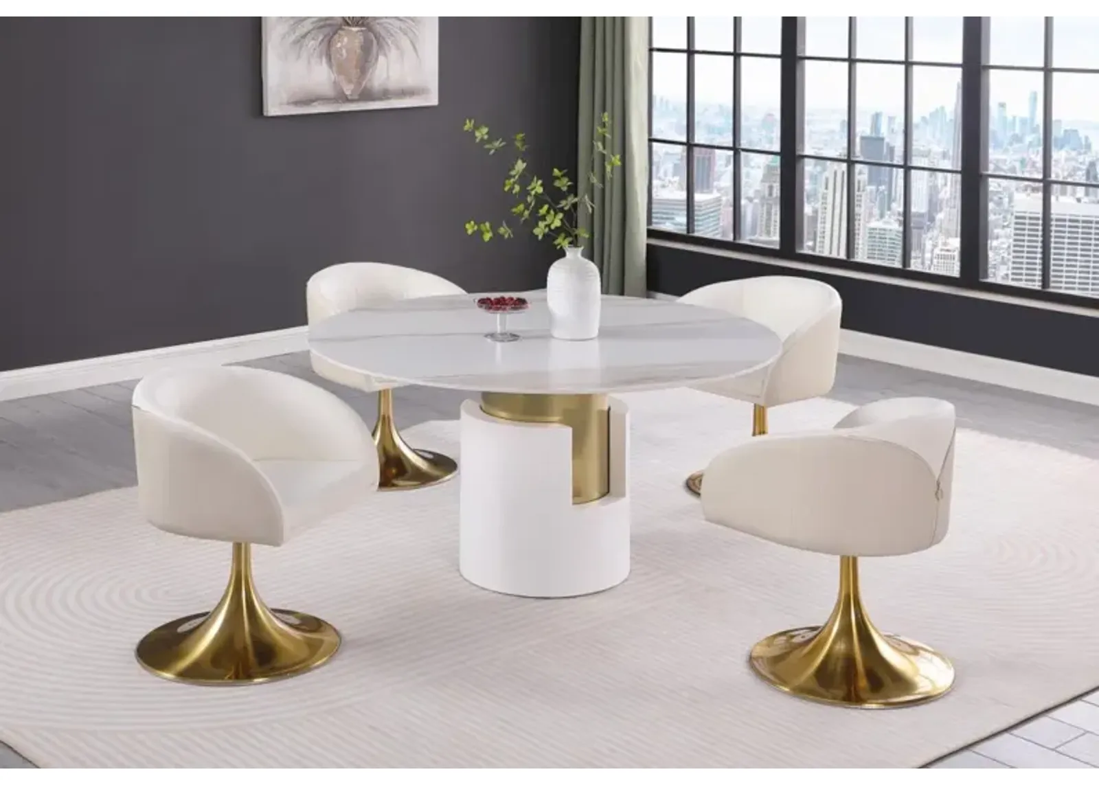 Chintaly Kiana Dining Set with Marbleized Sintered Stone Top Table & Trumpet Base Chairs