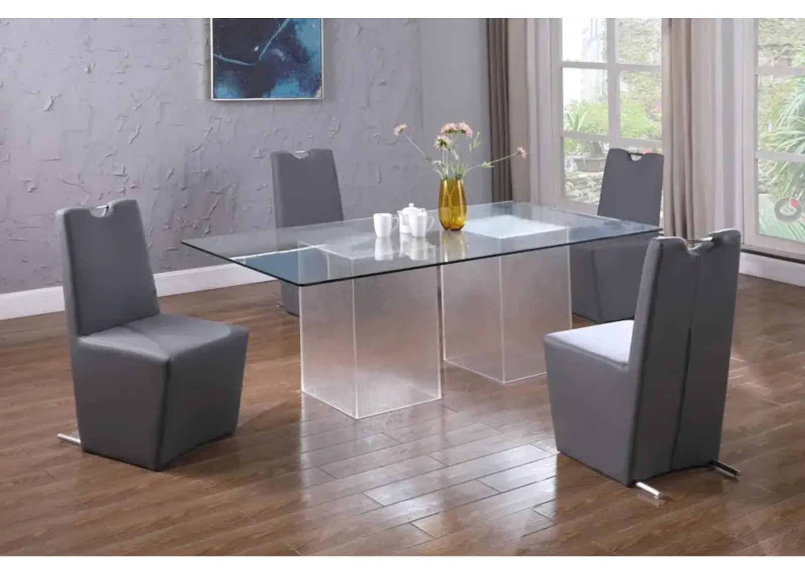 Chintaly Valerie Contemporary Dining Set with 72 Inch Rectangular Glass Table & 4 Handle Back Chairs