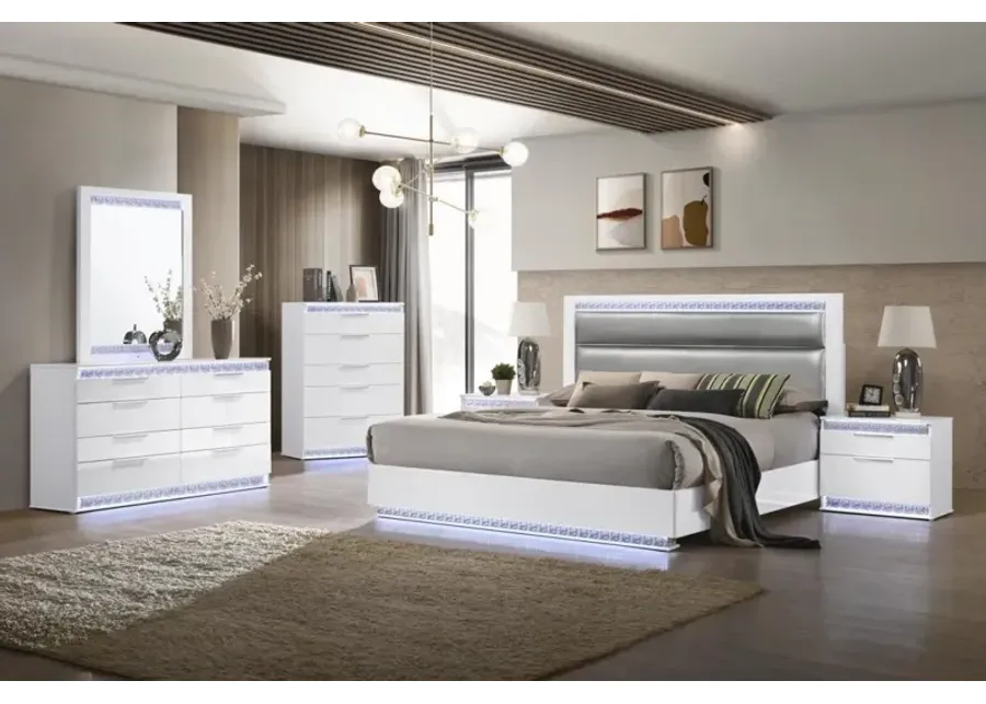 MOSCOW MODERN UPHOLSTERED GLOSS WHITE QUEEN BED WITH LED LIGHTS