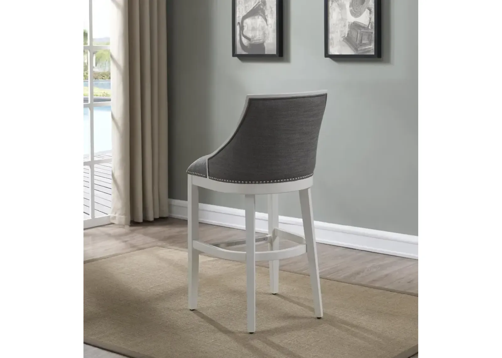 American Woodcrafters Keller Wooden Stool with Fabric & Nailhead Trim in Off White Finish