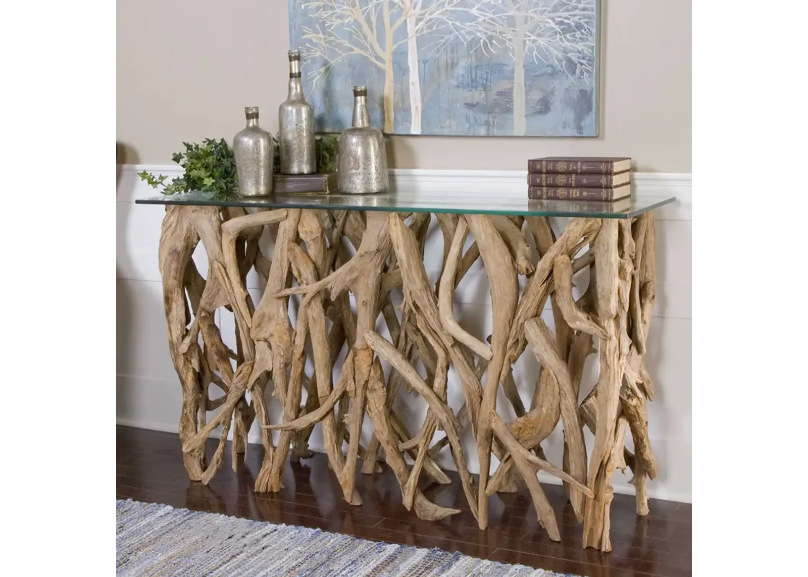 Uttermost Teak Wood Console Table with Clear Glass Top