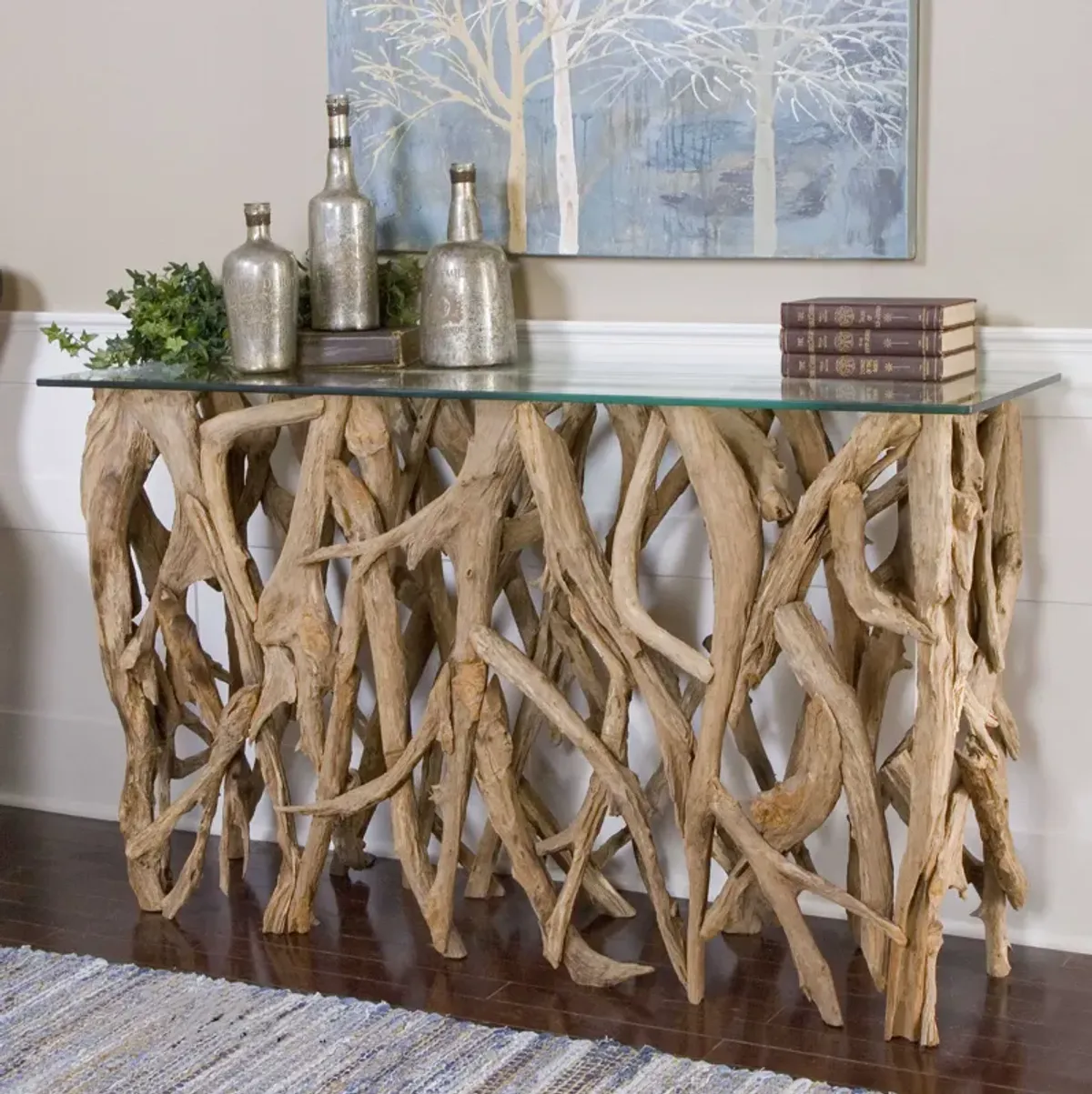 Uttermost Teak Wood Console Table with Clear Glass Top