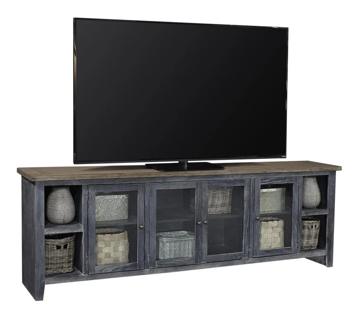 EASTPORT DRIFTED BLACK 97 INCH TV STAND CONSOLE WITH 4 DOORS