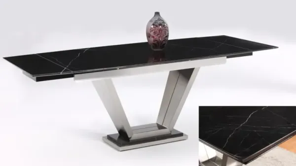 Chintaly Jessy Contemporary Extendable Black Marble Dining Table with Steel Pedestal