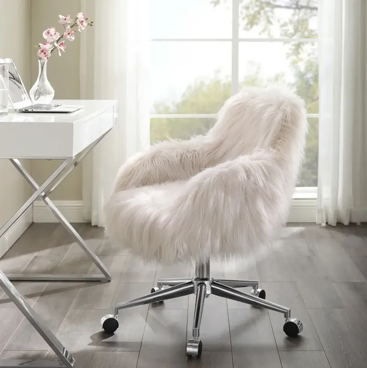 Linon Fiona Faux Fur Pink Desk Chair