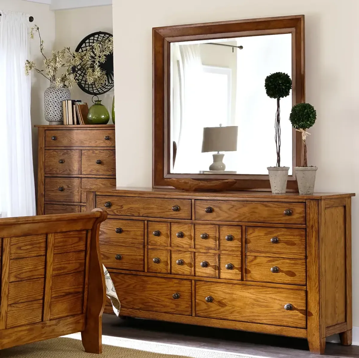 Grandpas Cabin Aged Oak Dresser & Mirror