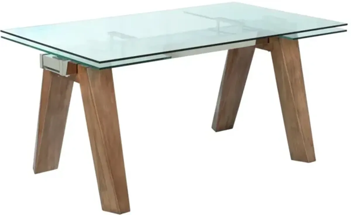 Chintaly Esther Walnut Modern Dining Table with Extendable Glass Top & Solid Wood Legs