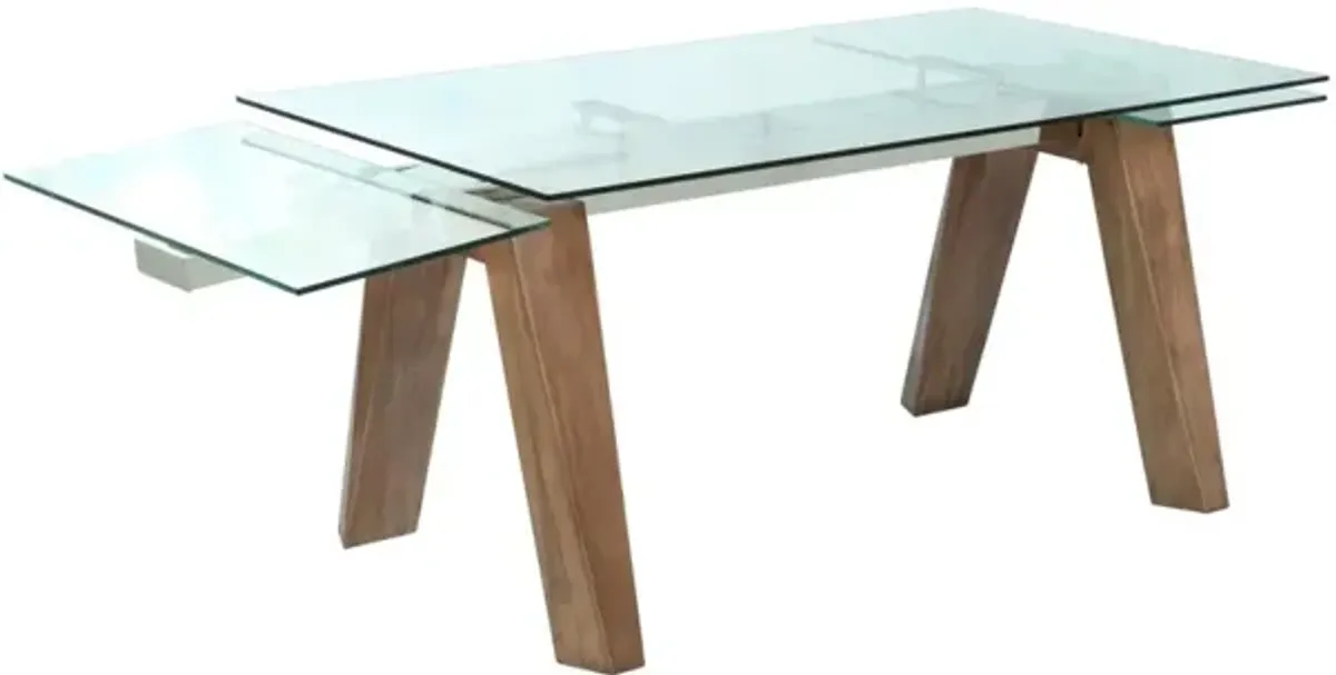 Chintaly Esther Walnut Modern Dining Table with Extendable Glass Top & Solid Wood Legs