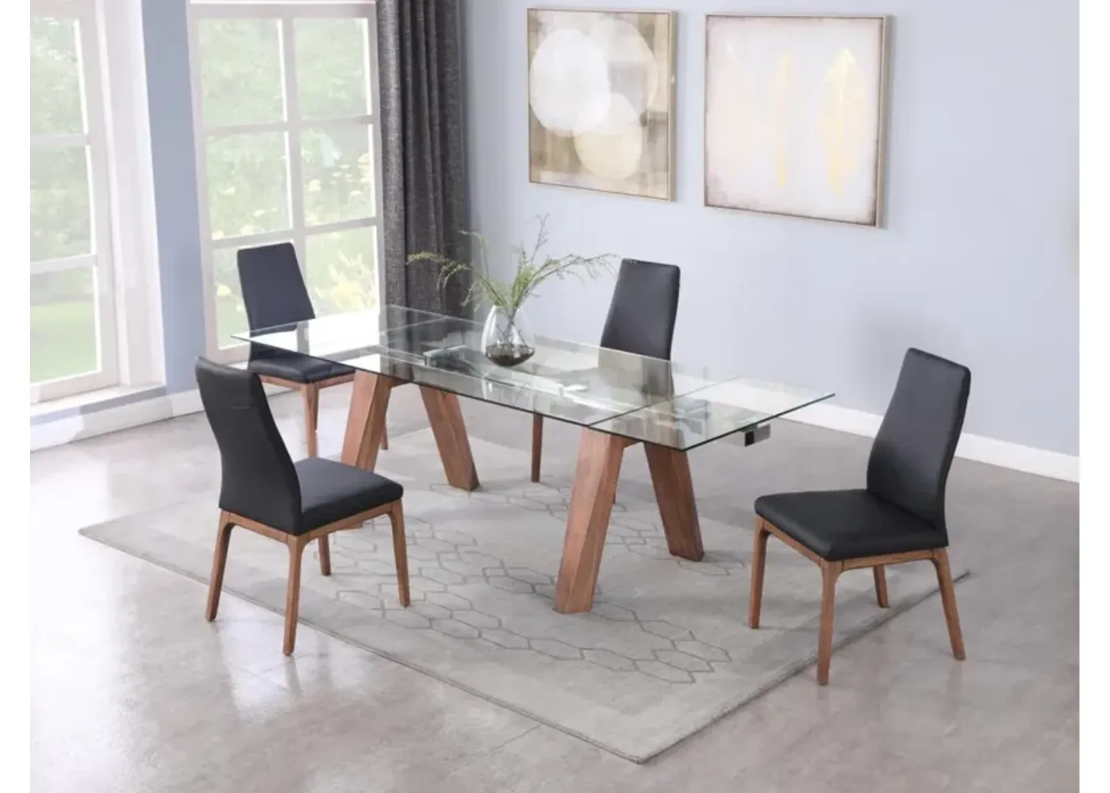 Chintaly Esther Walnut Modern Dining Table with Extendable Glass Top & Solid Wood Legs