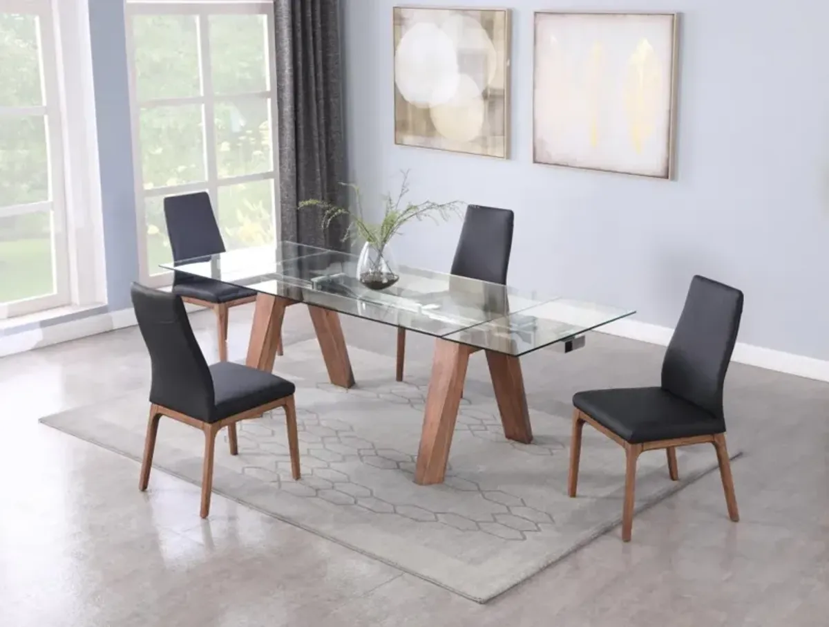 Chintaly Esther Walnut Modern Dining Table with Extendable Glass Top & Solid Wood Legs