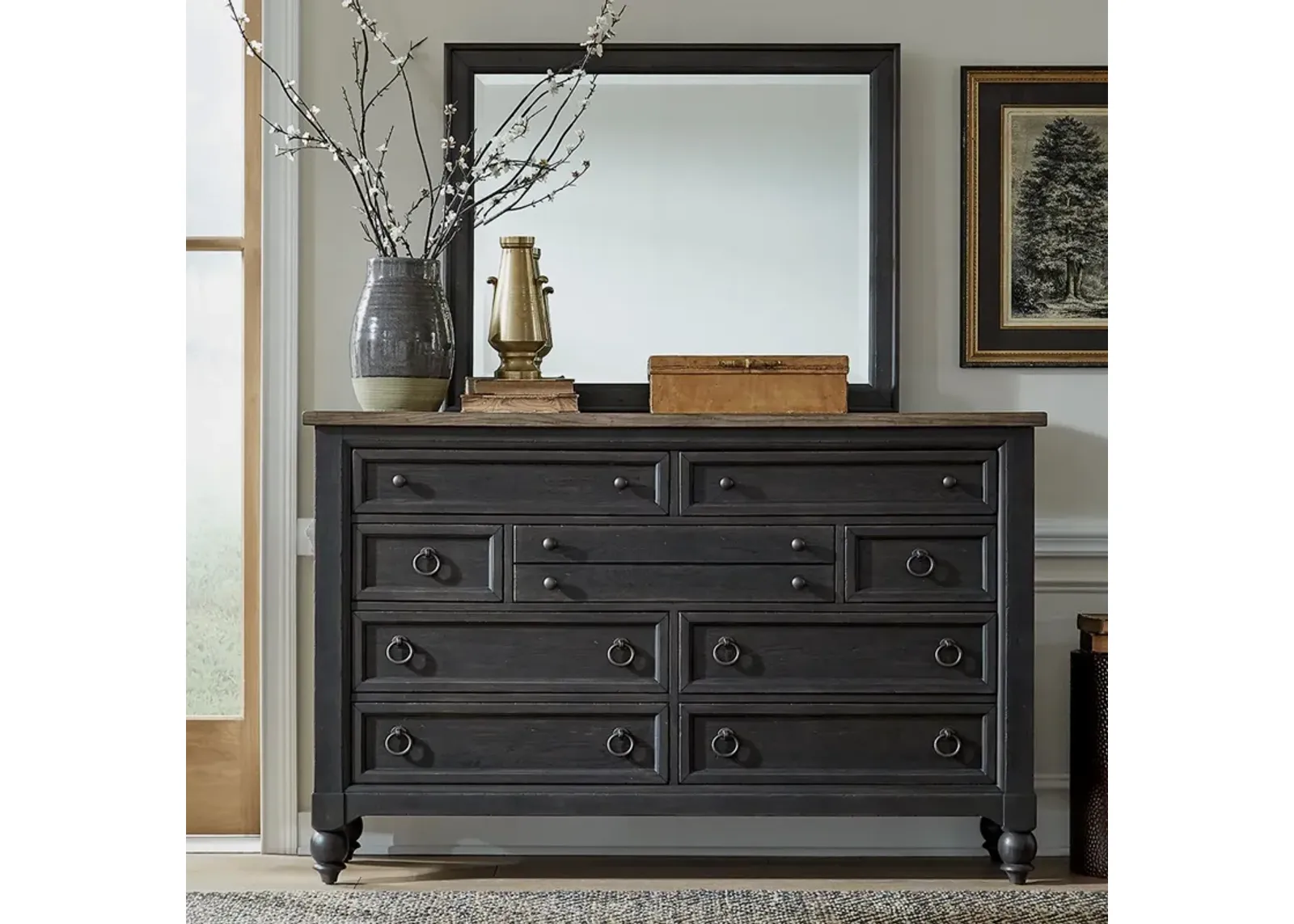 Liberty Furniture Americana Farmhouse Black Dresser with Mirror