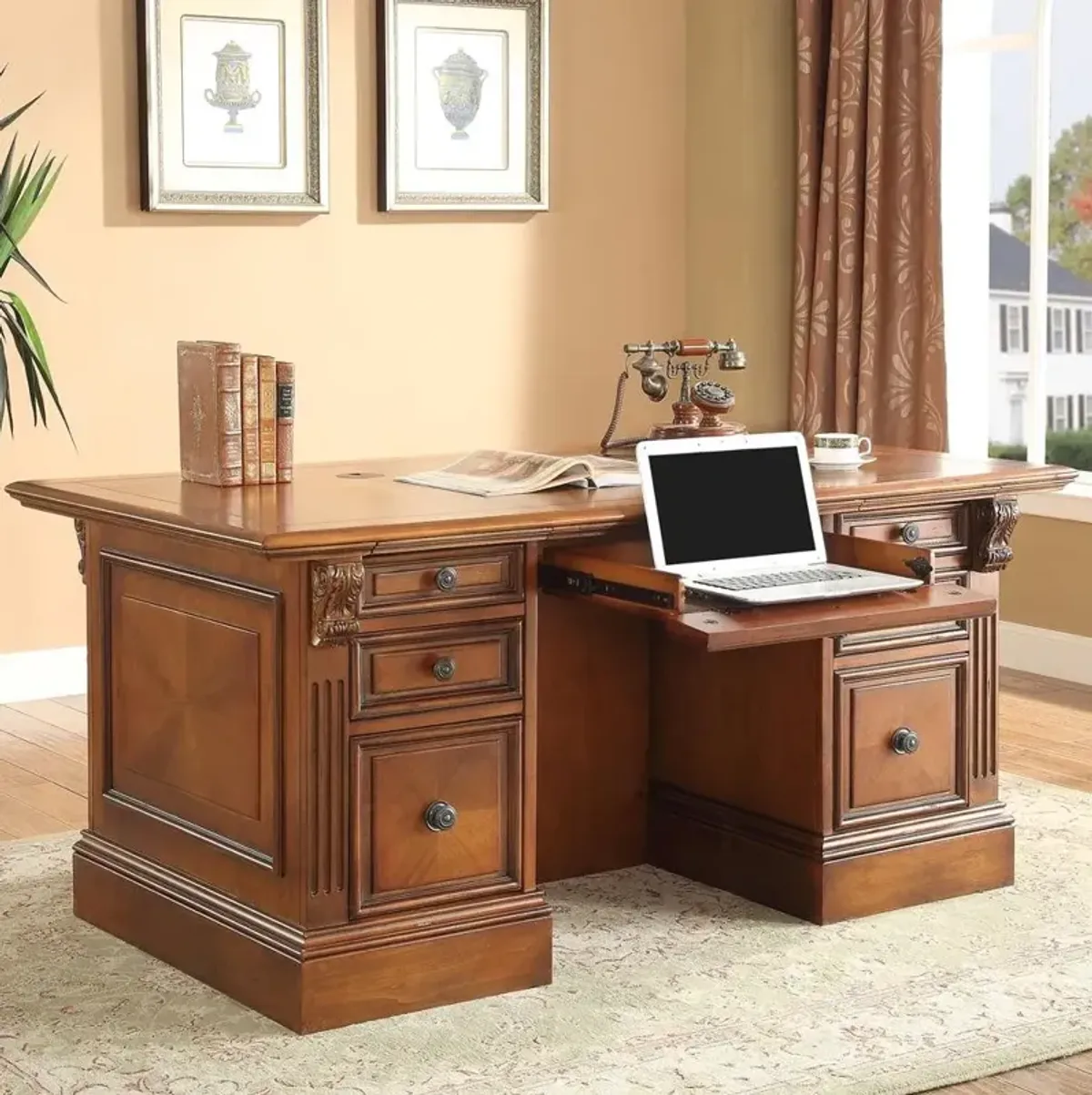 Parker House Huntington Collection Double Pedestal Executive Desk in Antique Vintage Pecan Color