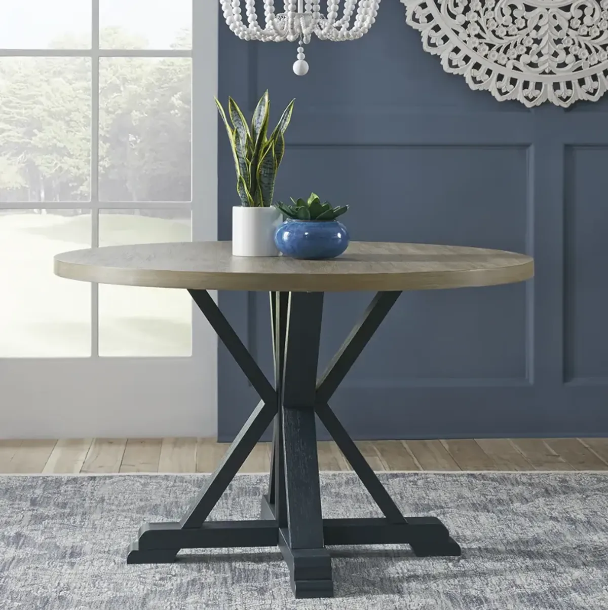 Liberty Furniture Lakeshore Wirebrushed Navy Single Pedestal Table with Wood Tone Top