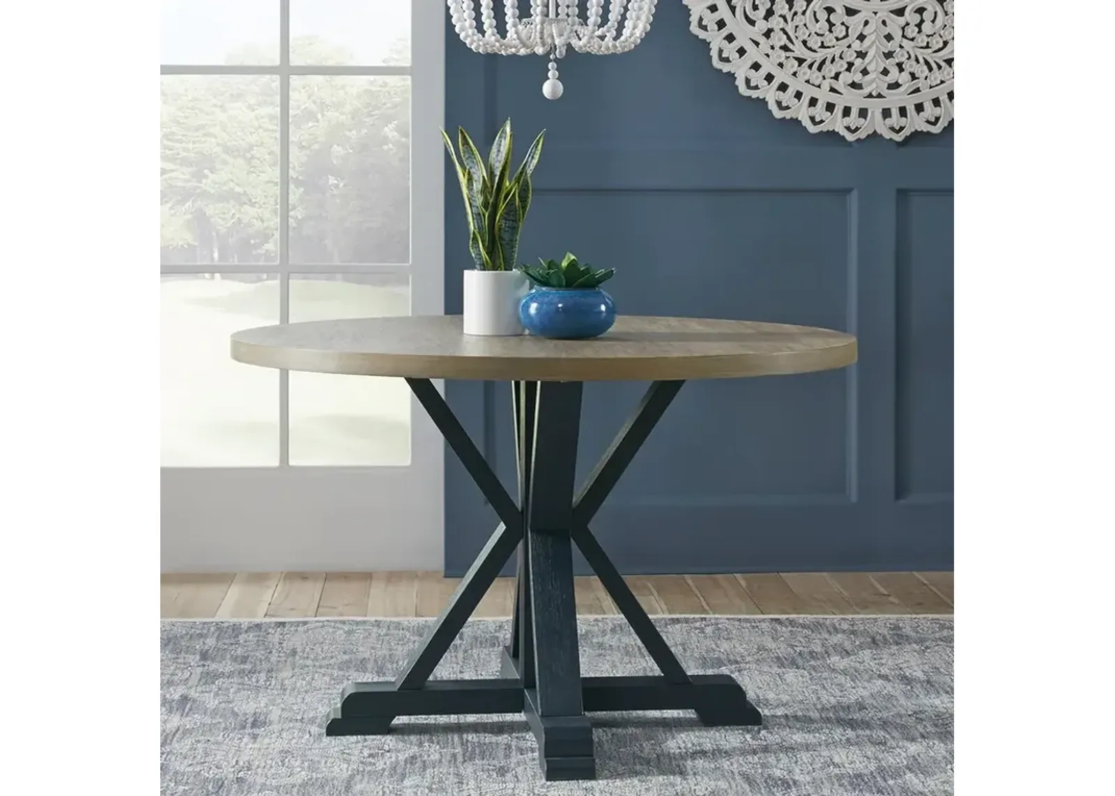 Liberty Furniture Lakeshore Wirebrushed Navy Single Pedestal Table with Wood Tone Top