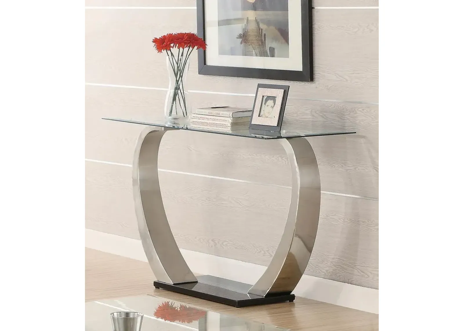 Coaster Pruitt Glass Top Metal Base Console Table Satin