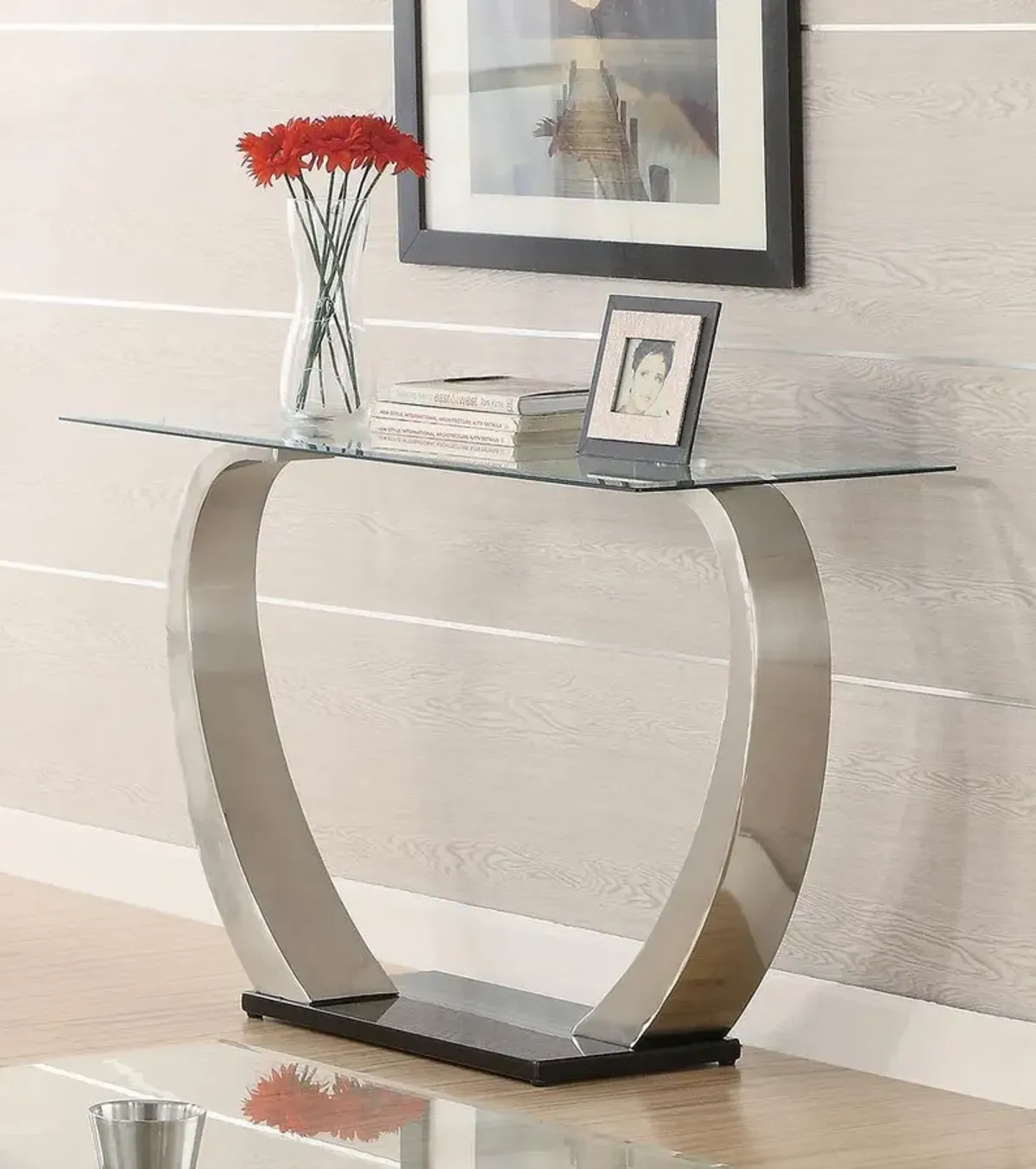 Coaster Pruitt Glass Top Metal Base Console Table Satin