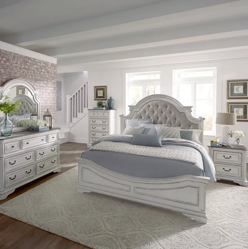 KING UPHOLSTERED BED DRESSER & MIRROR CHEST NIGHT STAND - MAGNOLIA MANOR